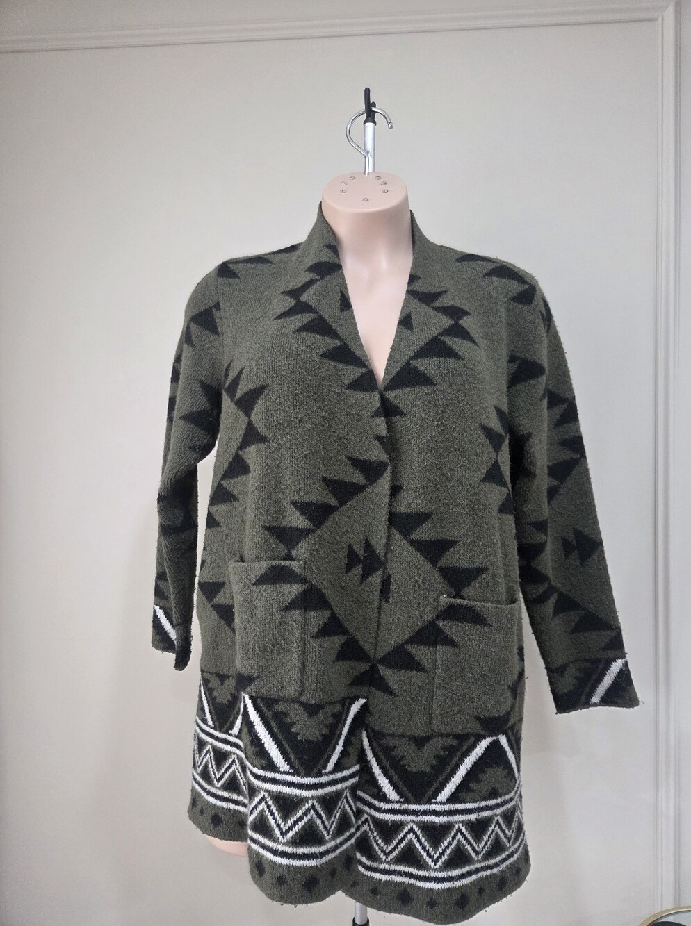 Frye Olive & Black Geometric Open Cardigan Sz.XXL